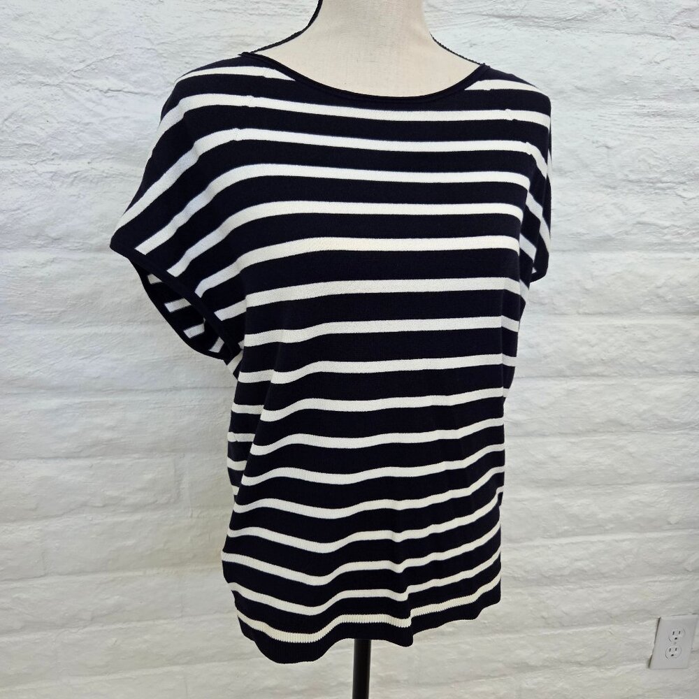 LOFT Top Womens Small Blue White Navy Stripe Cap Sleeve Sweater Shirt Blouse - Picture 2 of 11